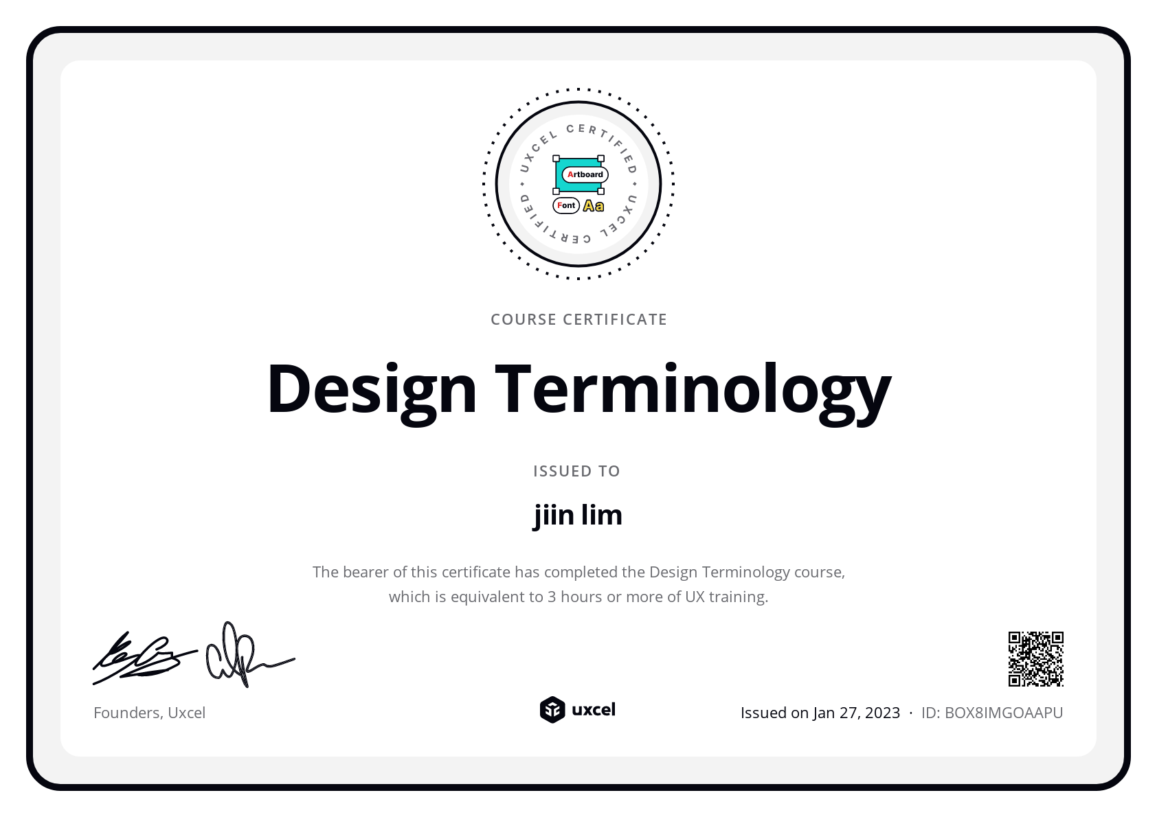 Jiin Lim's certificate